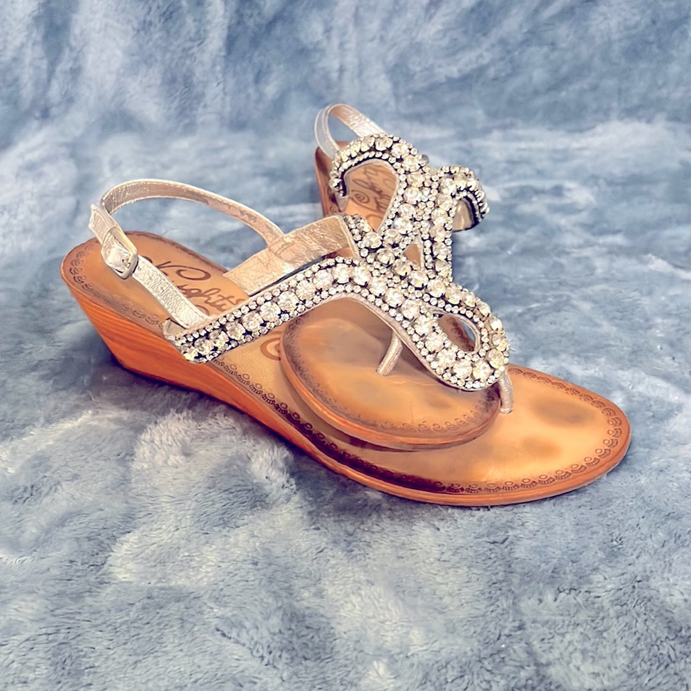 Silver Rhinestone Naughty Monkey wedge sandals. Size 10.